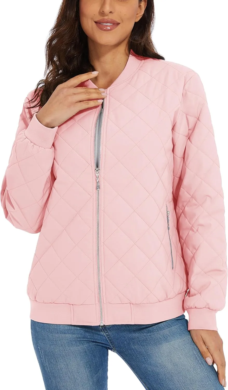 MAGCOMSEN Women's Diamond Quilted Jackets Lightweight Casual Bomber Jacket Warm Cotton Padded Coats with 2 Pockets
