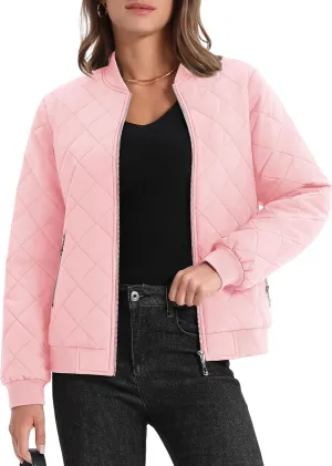 MAGCOMSEN Women's Diamond Quilted Jackets Lightweight Casual Bomber Jacket Warm Cotton Padded Coats with 2 Pockets
