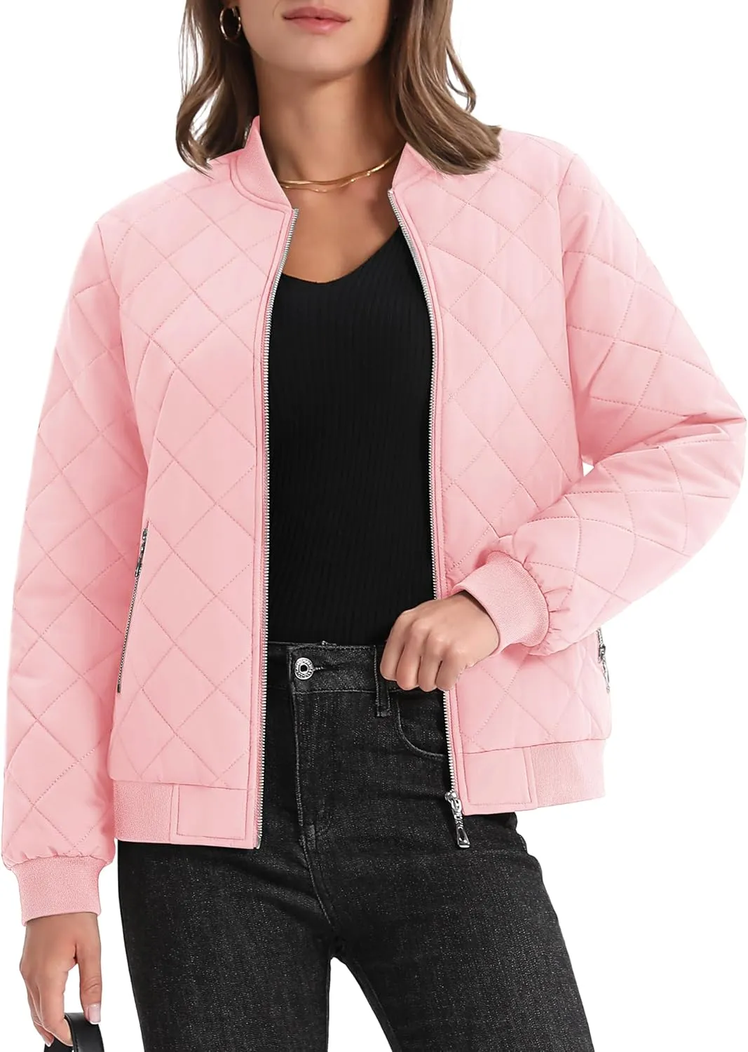 MAGCOMSEN Women's Diamond Quilted Jackets Lightweight Casual Bomber Jacket Warm Cotton Padded Coats with 2 Pockets
