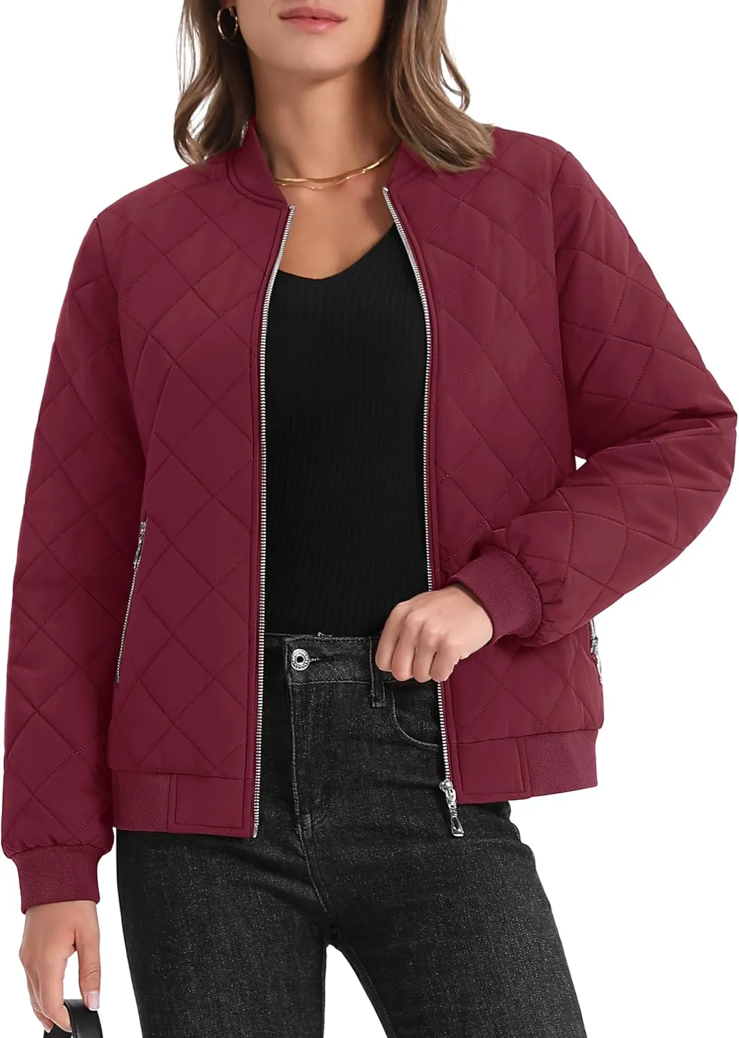 MAGCOMSEN Women's Diamond Quilted Jackets Lightweight Casual Bomber Jacket Warm Cotton Padded Coats with 2 Pockets