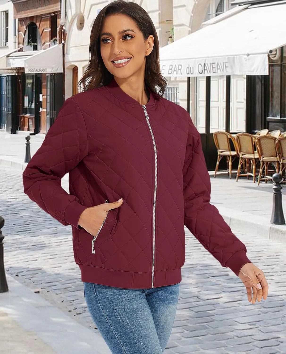 MAGCOMSEN Women's Diamond Quilted Jackets Lightweight Casual Bomber Jacket Warm Cotton Padded Coats with 2 Pockets