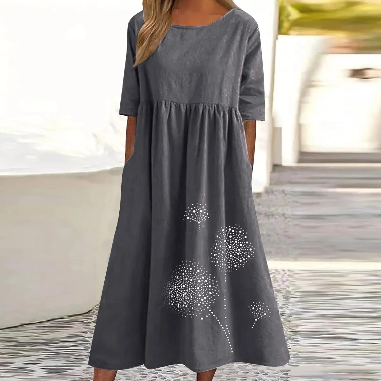 Maxi Dresses for Women 2025 Vacation Boho Dandelion Print Cotton Linen Dress Summer Beach Short Sleeve Shirt Sundress