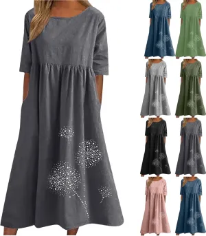 Maxi Dresses for Women 2025 Vacation Boho Dandelion Print Cotton Linen Dress Summer Beach Short Sleeve Shirt Sundress