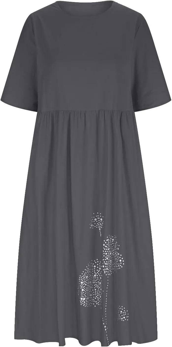 Maxi Dresses for Women 2025 Vacation Boho Dandelion Print Cotton Linen Dress Summer Beach Short Sleeve Shirt Sundress