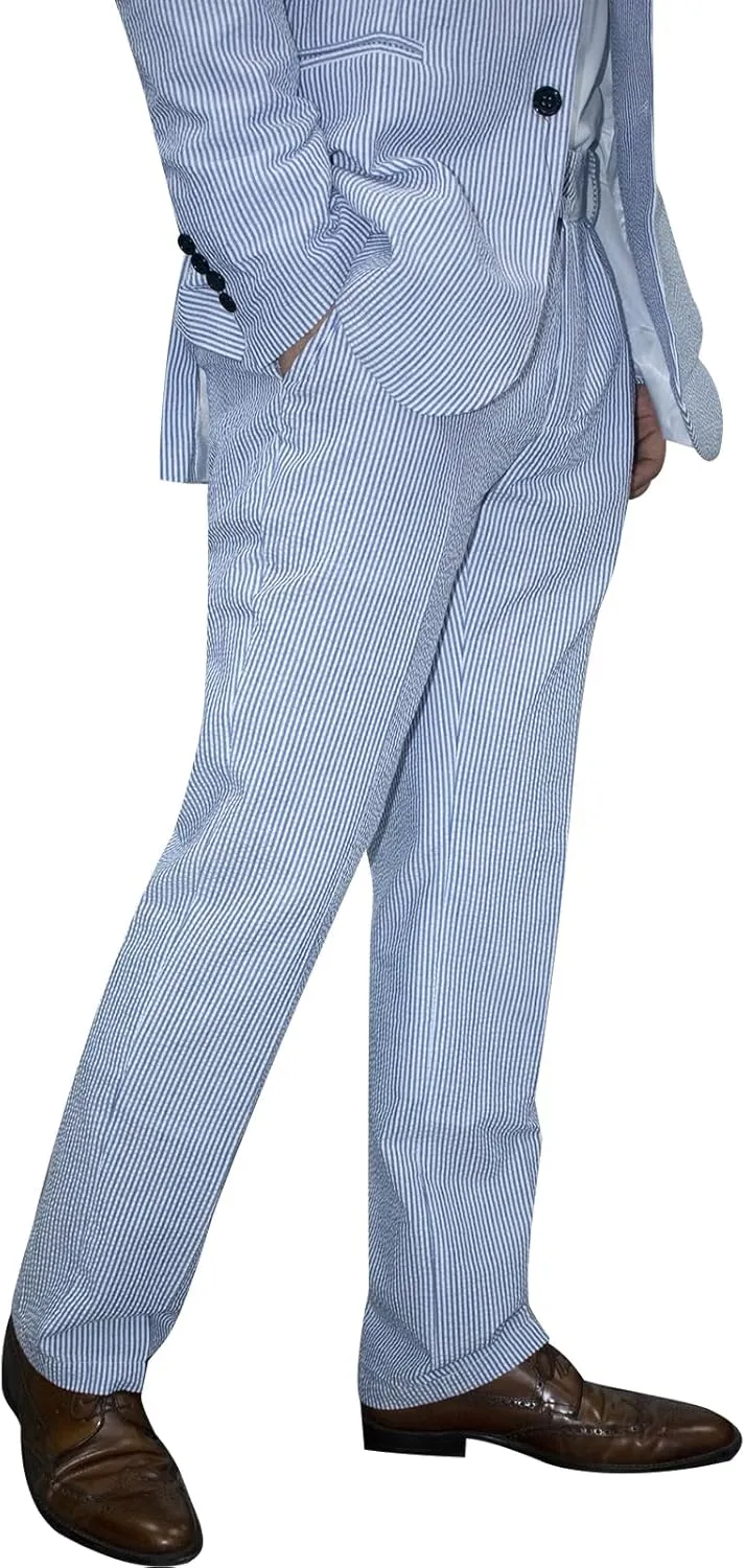 Men Seersucker Pinstripe Pants Mid Waist Ankle Length Pleated Front Lightweight