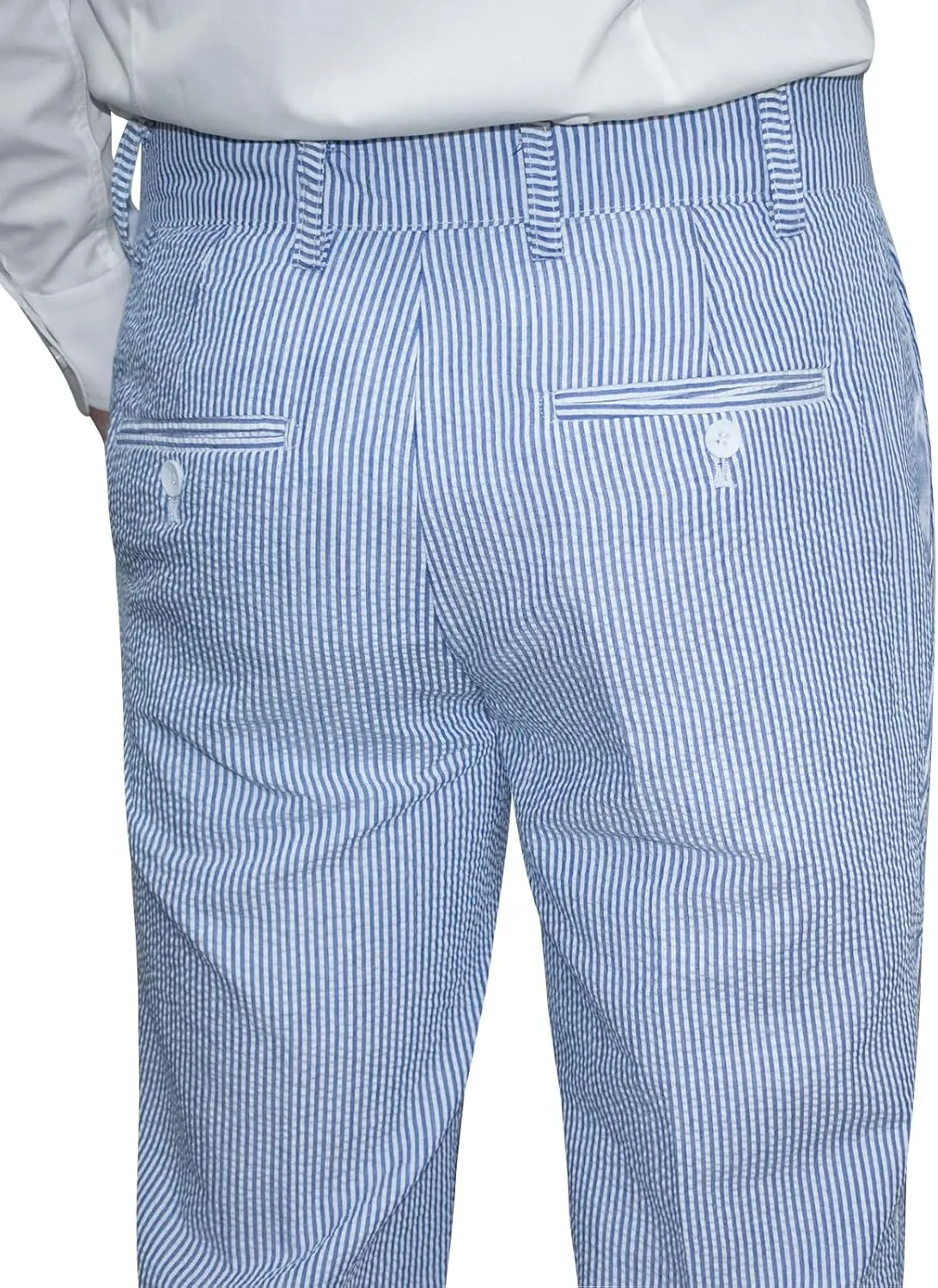 Men Seersucker Pinstripe Pants Mid Waist Ankle Length Pleated Front Lightweight