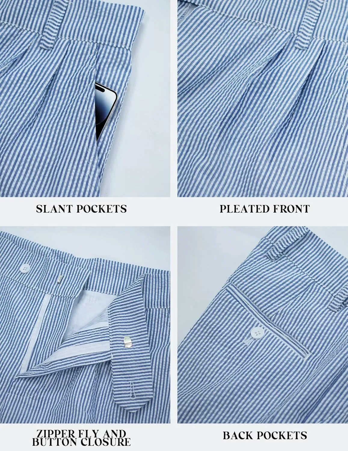 Men Seersucker Pinstripe Pants Mid Waist Ankle Length Pleated Front Lightweight