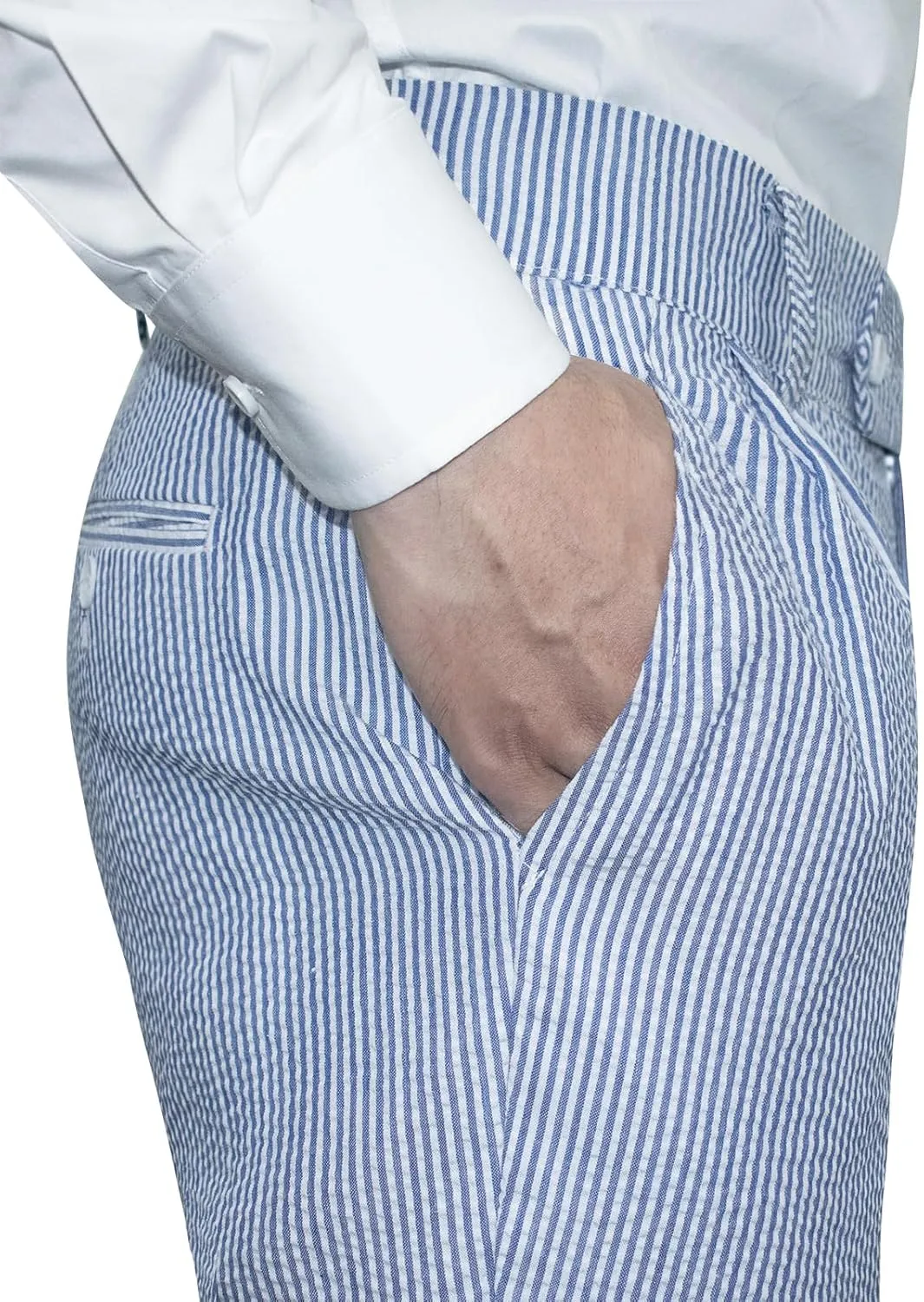 Men Seersucker Pinstripe Pants Mid Waist Ankle Length Pleated Front Lightweight