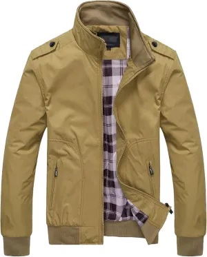 Men's Casual Cotton Bomber Jacket Stand Collar Lightweight Flannel Jacket Casual Loose Padded Cargo Coats