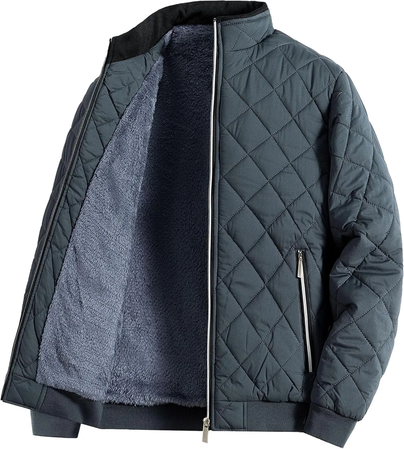Men's Diamond Bomber Jackets Fleece-Lined Winter Coats Full Zip Insulated Quilted Jacket Warm Padded Cotton Coat