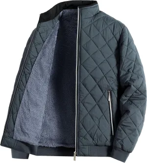 Men's Diamond Bomber Jackets Fleece-Lined Winter Coats Full Zip Insulated Quilted Jacket Warm Padded Cotton Coat