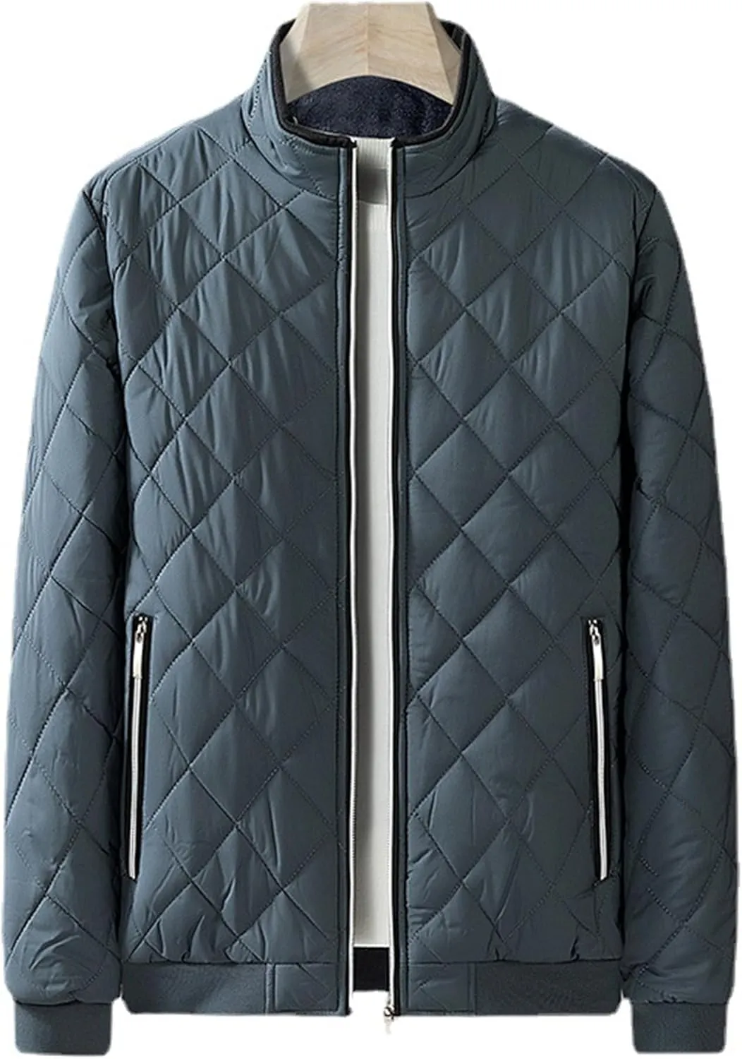 Men's Diamond Bomber Jackets Fleece-Lined Winter Coats Full Zip Insulated Quilted Jacket Warm Padded Cotton Coat
