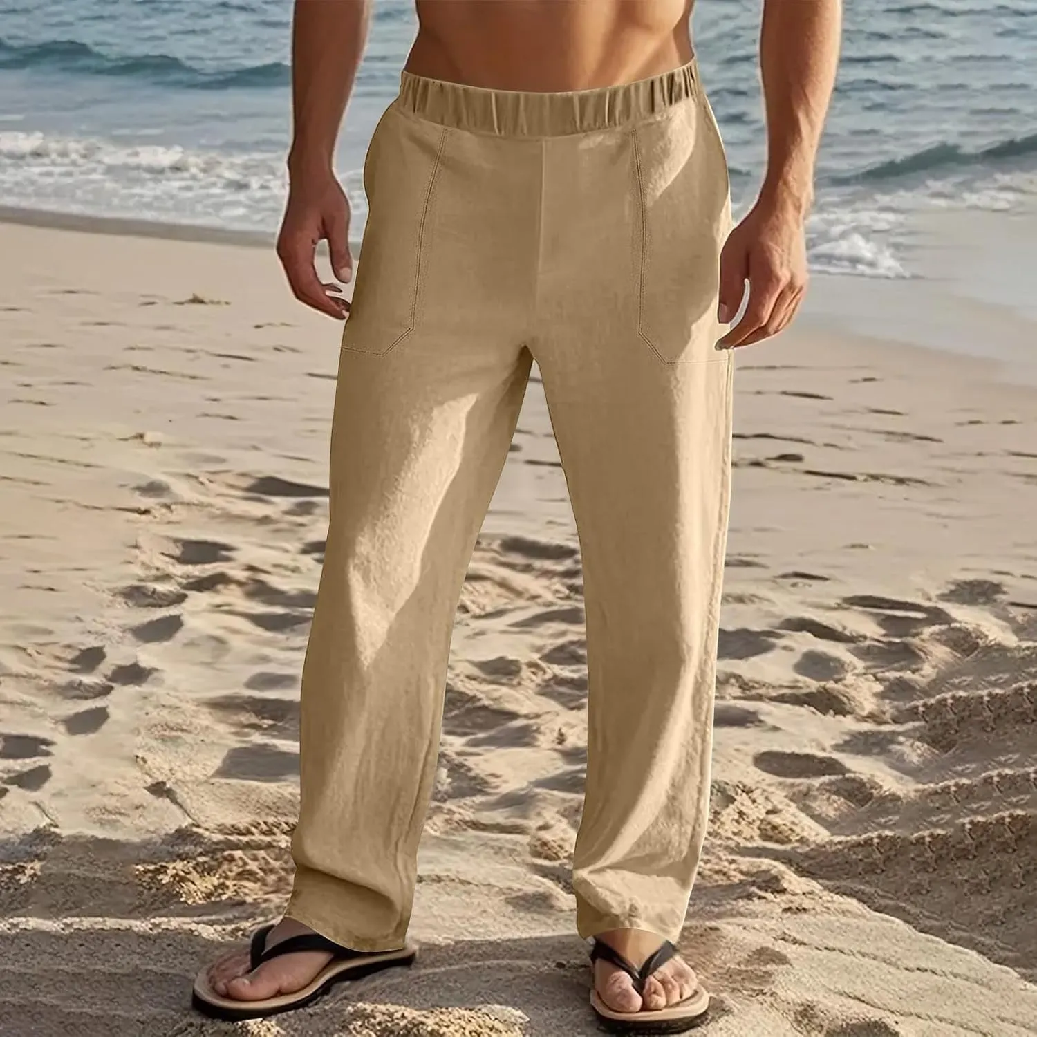 Mens Linen Pants with Drawstring Waist Comfortable Summer Casual Pants for Men Beachwear Relaxed Fit