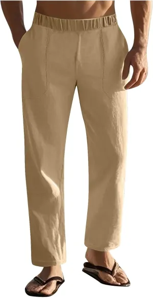 Mens Linen Pants with Drawstring Waist Comfortable Summer Casual Pants for Men Beachwear Relaxed Fit