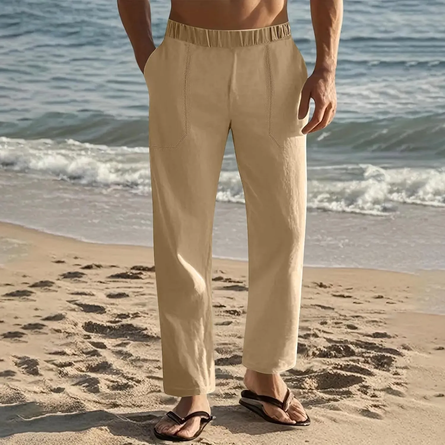 Mens Linen Pants with Drawstring Waist Comfortable Summer Casual Pants for Men Beachwear Relaxed Fit