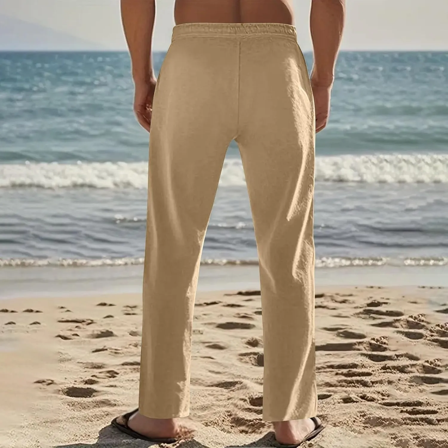 Mens Linen Pants with Drawstring Waist Comfortable Summer Casual Pants for Men Beachwear Relaxed Fit