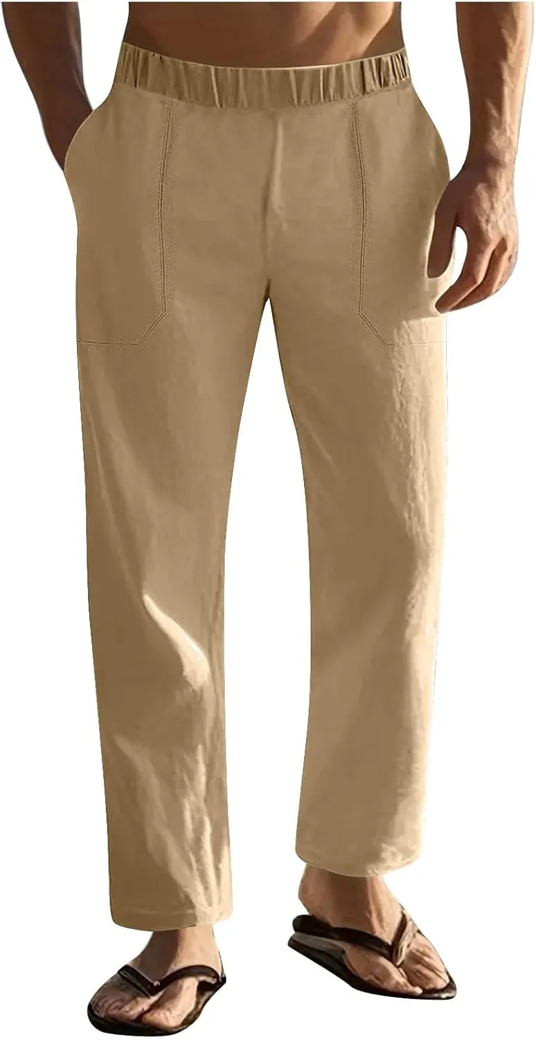 Mens Linen Pants with Drawstring Waist Comfortable Summer Casual Pants for Men Beachwear Relaxed Fit