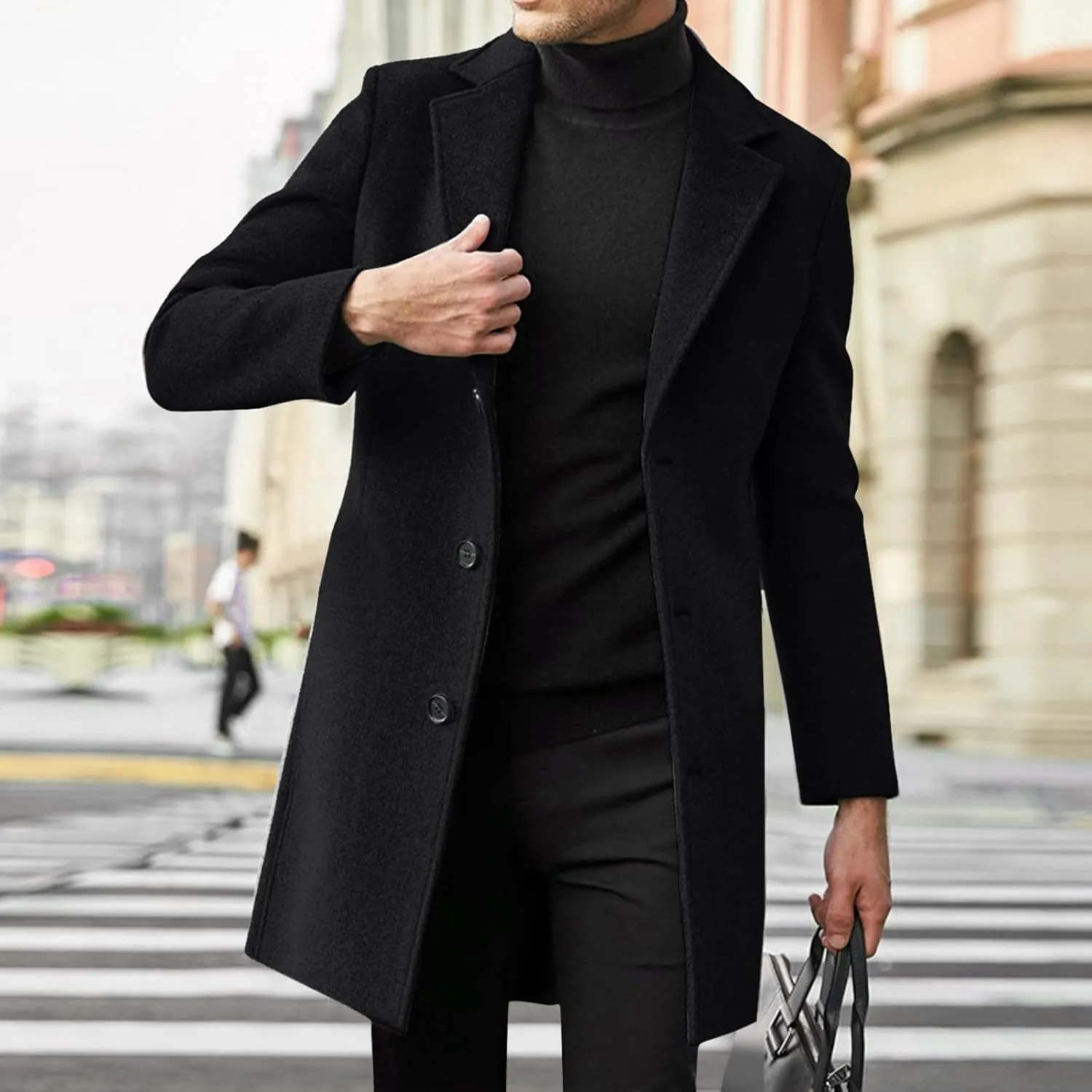 Men's Long Trench Coat Notched Collared Button Down Pea Coat Fall Winter Windproof Windbreaker Jackets Trendy Outfits