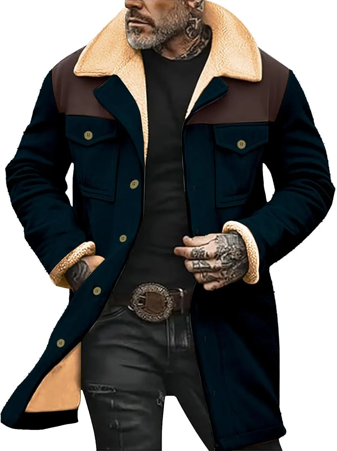 Men's Vintage Western Jackets Plush Reversed Collar Winter Jackets Button Down Long Trench Coats Punk Jackets Big&Tall