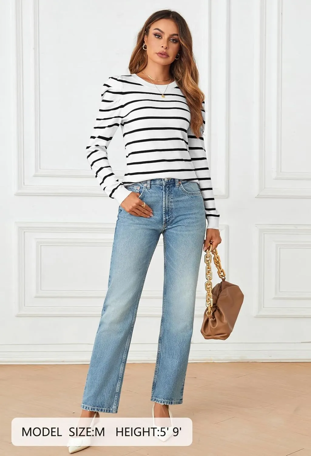 MEROKEETY Women's 2024 Striped Long Puff Sleeve Tops Casual Crew Neck Knit Pullover Sweaters Shirts