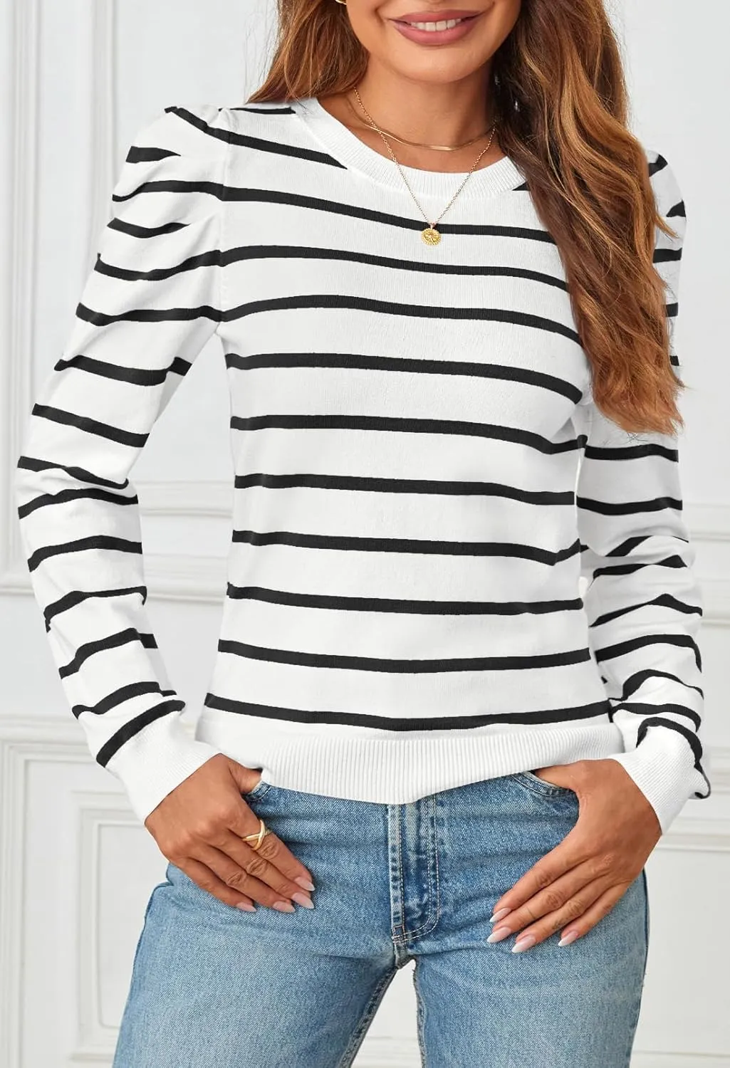 MEROKEETY Women's 2024 Striped Long Puff Sleeve Tops Casual Crew Neck Knit Pullover Sweaters Shirts