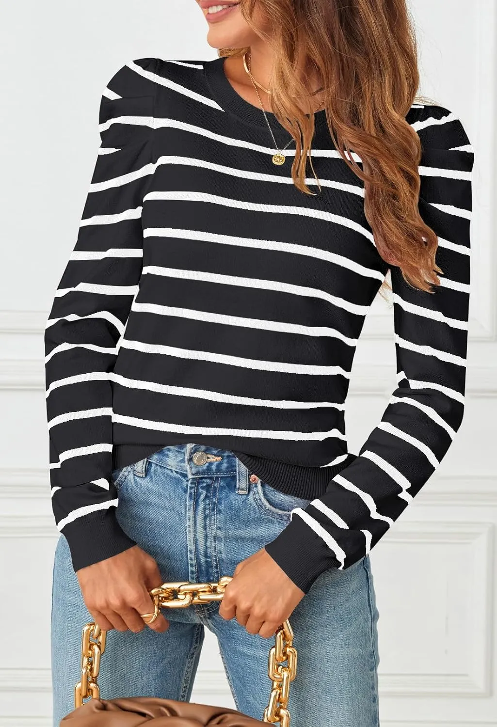 MEROKEETY Women's 2024 Striped Long Puff Sleeve Tops Casual Crew Neck Knit Pullover Sweaters Shirts