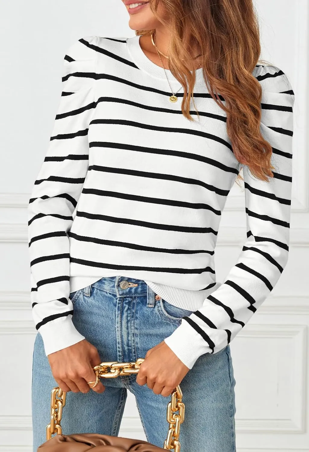 MEROKEETY Women's 2024 Striped Long Puff Sleeve Tops Casual Crew Neck Knit Pullover Sweaters Shirts