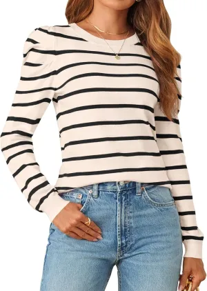 MEROKEETY Women's 2024 Striped Long Puff Sleeve Tops Casual Crew Neck Knit Pullover Sweaters Shirts