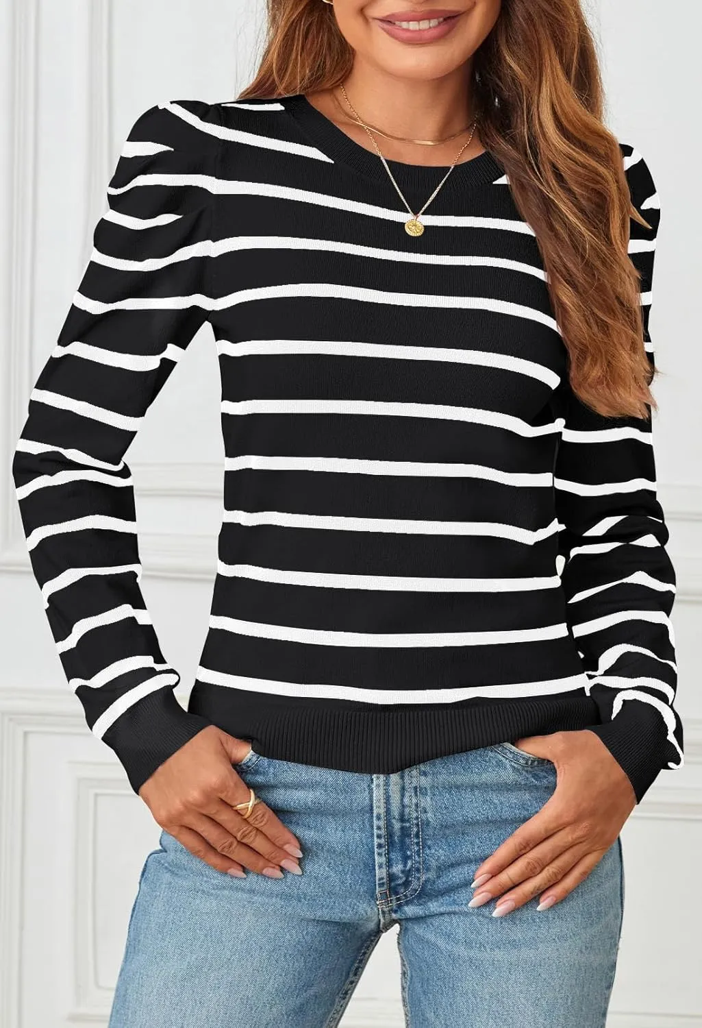 MEROKEETY Women's 2024 Striped Long Puff Sleeve Tops Casual Crew Neck Knit Pullover Sweaters Shirts