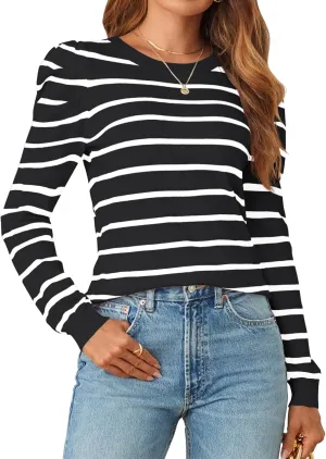 MEROKEETY Women's 2024 Striped Long Puff Sleeve Tops Casual Crew Neck Knit Pullover Sweaters Shirts