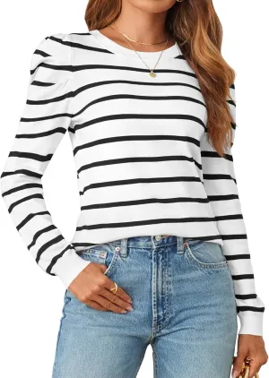 MEROKEETY Women's 2024 Striped Long Puff Sleeve Tops Casual Crew Neck Knit Pullover Sweaters Shirts