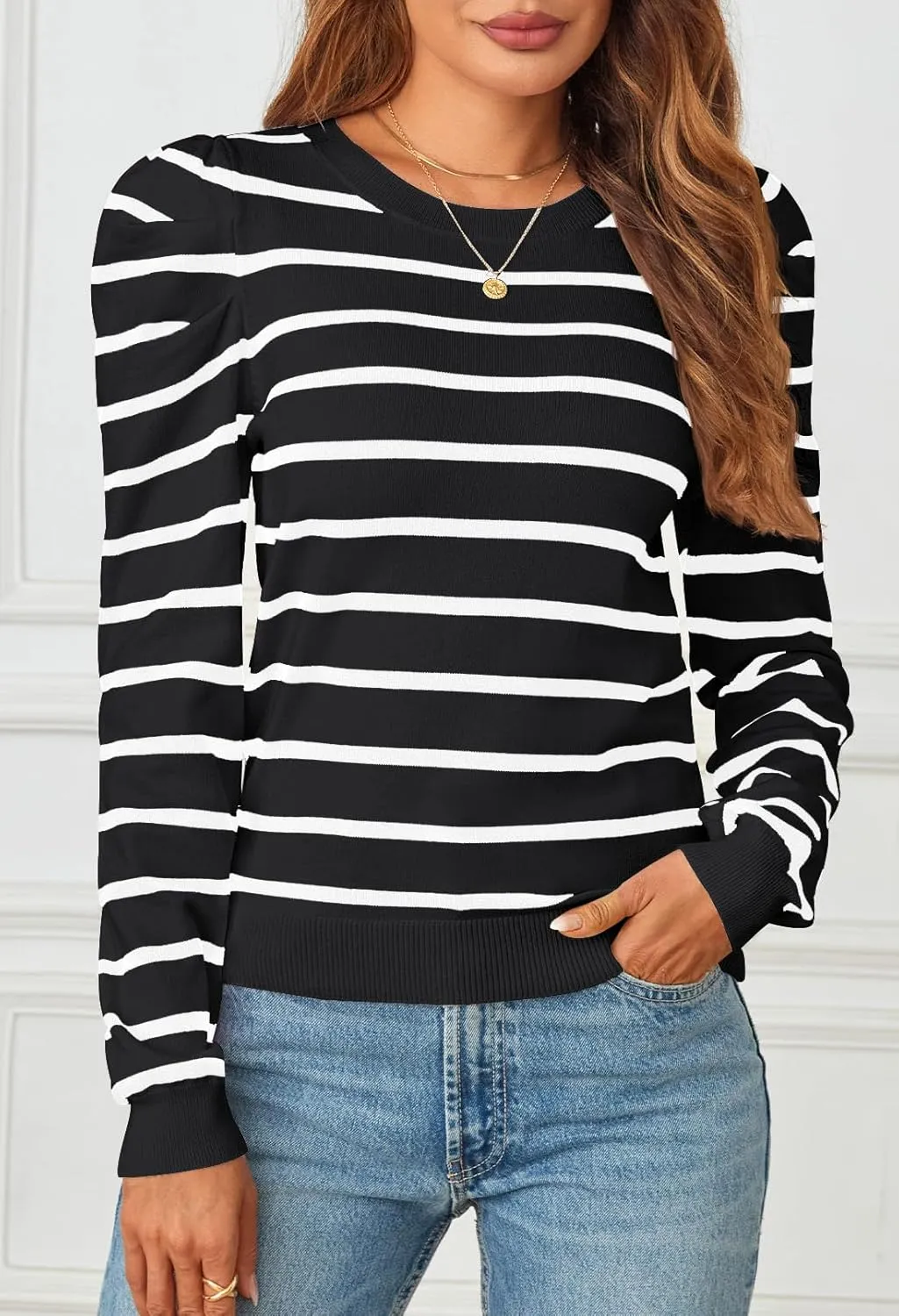 MEROKEETY Women's 2024 Striped Long Puff Sleeve Tops Casual Crew Neck Knit Pullover Sweaters Shirts