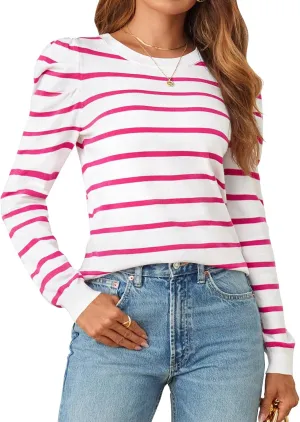 MEROKEETY Women's 2024 Striped Long Puff Sleeve Tops Casual Crew Neck Knit Pullover Sweaters Shirts
