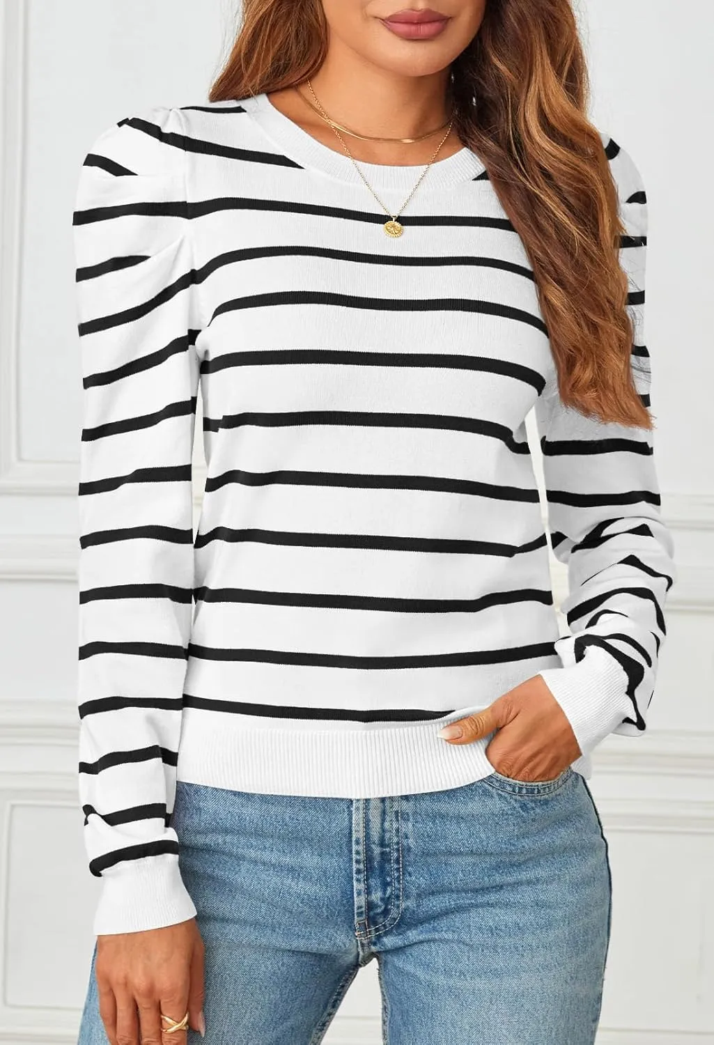 MEROKEETY Women's 2024 Striped Long Puff Sleeve Tops Casual Crew Neck Knit Pullover Sweaters Shirts