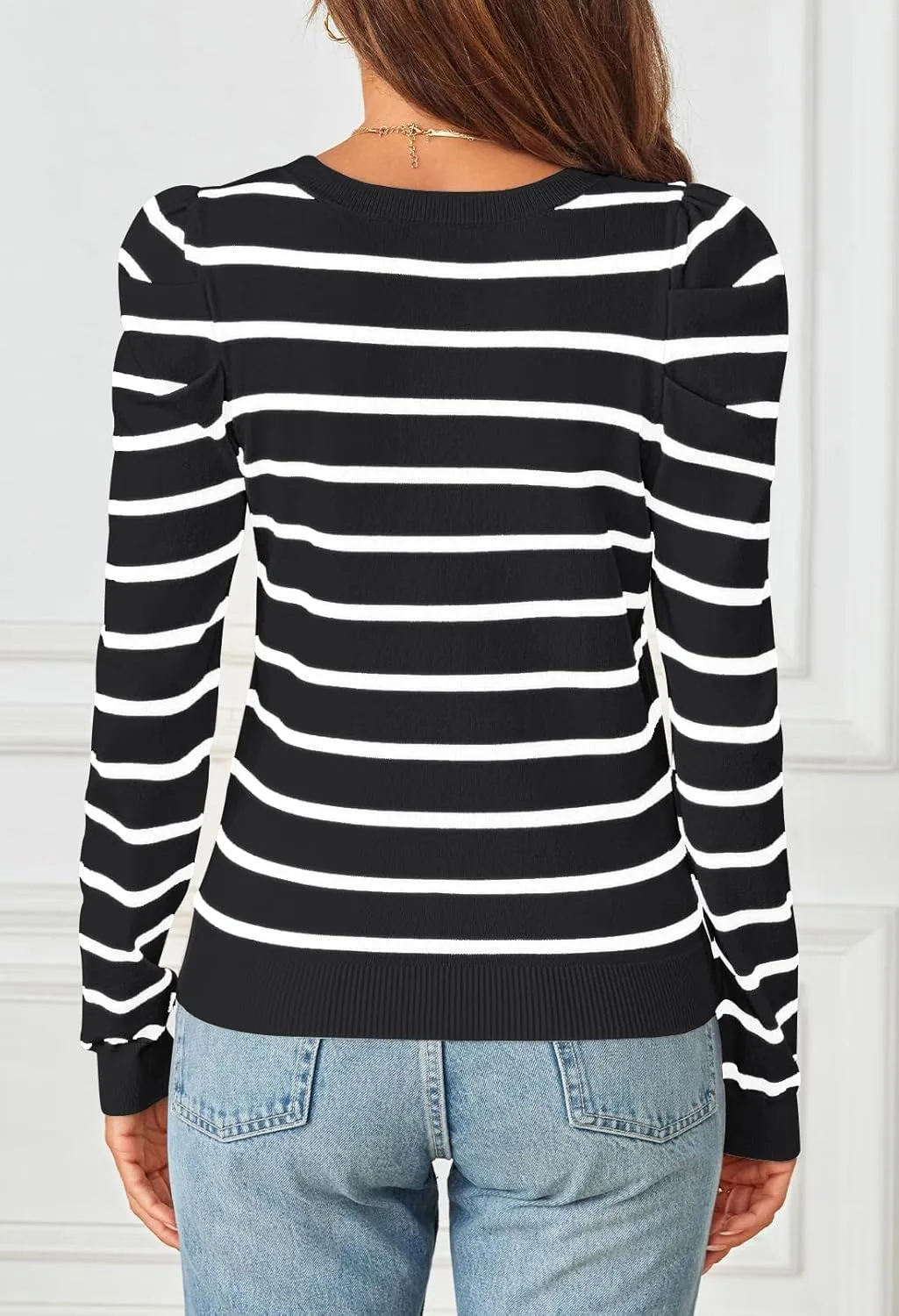 MEROKEETY Women's 2024 Striped Long Puff Sleeve Tops Casual Crew Neck Knit Pullover Sweaters Shirts