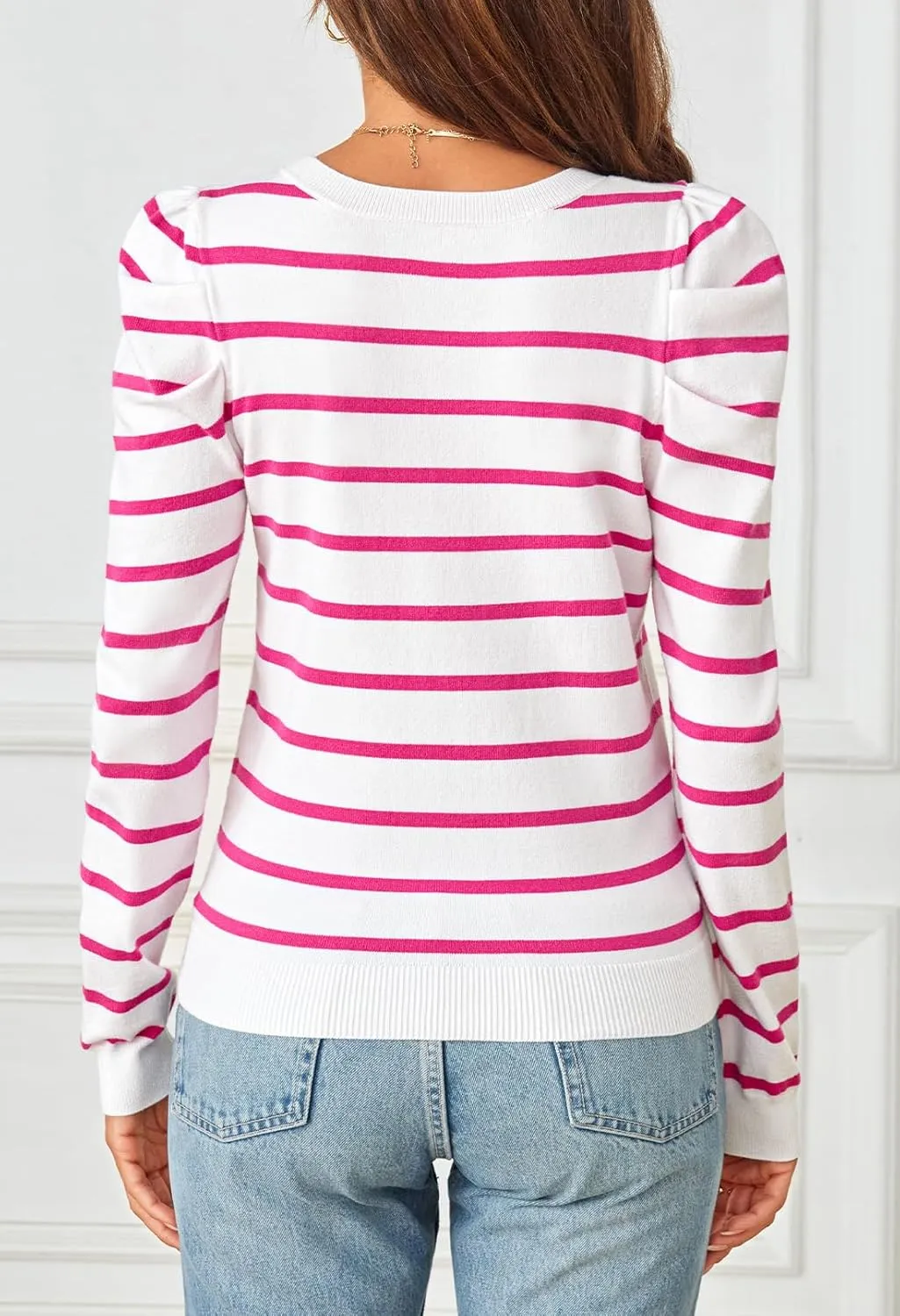 MEROKEETY Women's 2024 Striped Long Puff Sleeve Tops Casual Crew Neck Knit Pullover Sweaters Shirts