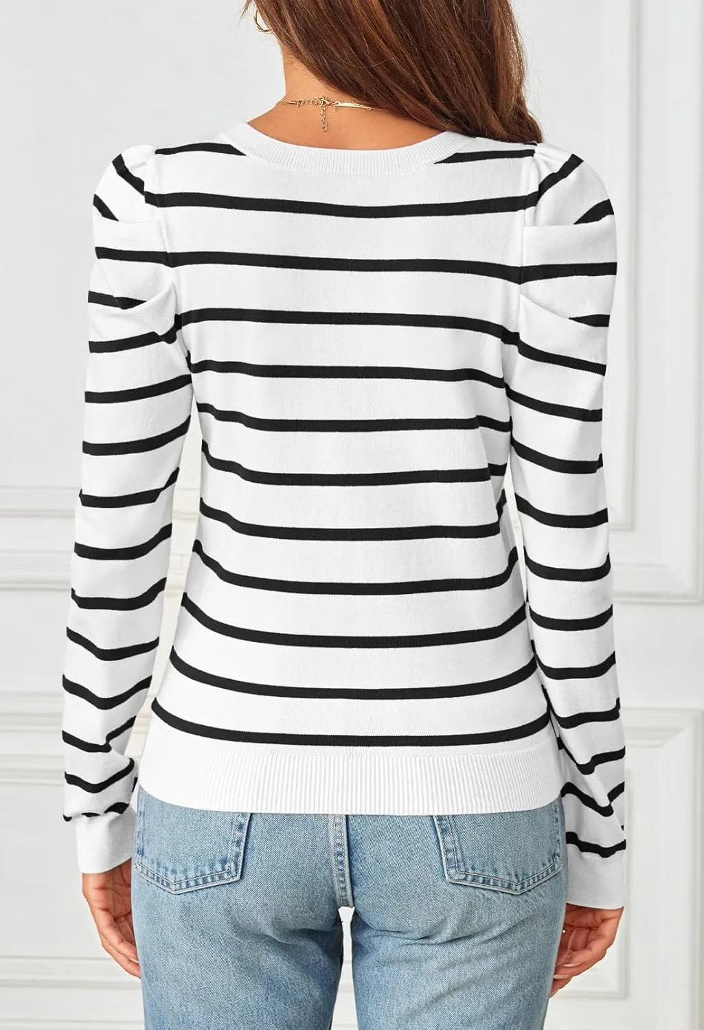 MEROKEETY Women's 2024 Striped Long Puff Sleeve Tops Casual Crew Neck Knit Pullover Sweaters Shirts