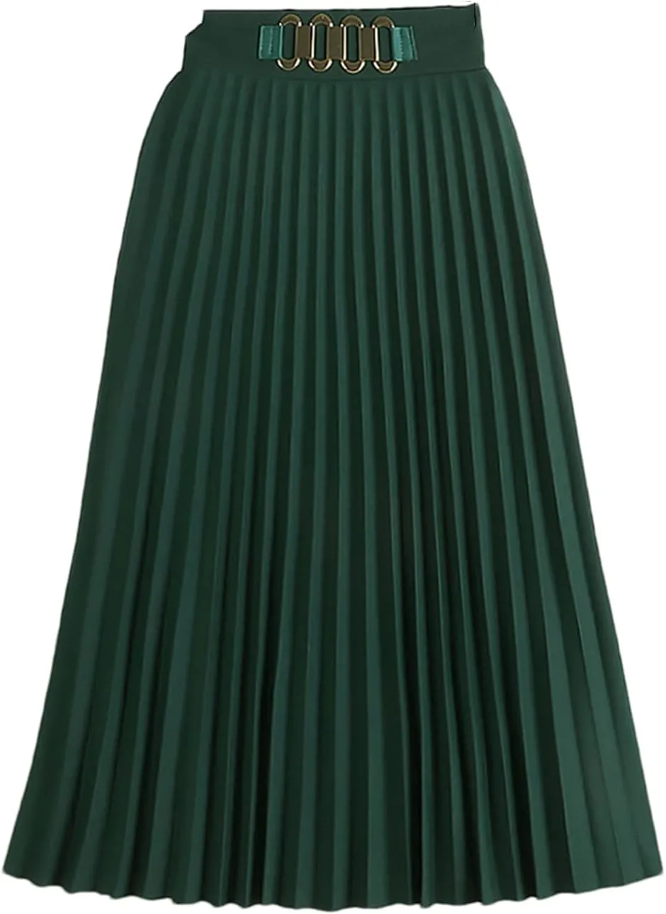 Midi Long Pleated Skirt Women Spring Summer Simple Solid A Line Chain High Waist Skirt