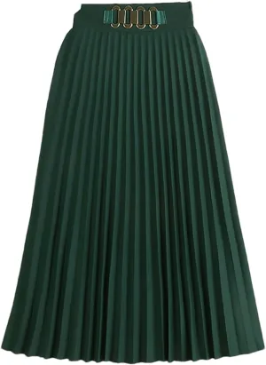 Midi Long Pleated Skirt Women Spring Summer Simple Solid A Line Chain High Waist Skirt