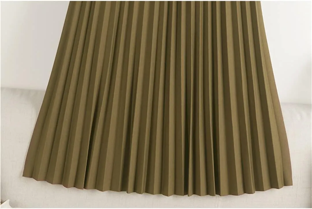 Midi Long Pleated Skirt Women Spring Summer Simple Solid A Line Chain High Waist Skirt