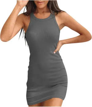 Palace Lock Casual Dresses for Women Simple Solid Sleeveless Mini Dress Summer Loose Fit Sundress with Pockets
