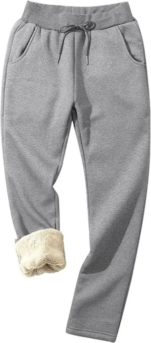 PEHMEA Women's Sherpa Lined Sweatpants Winter Athletic Jogger Fleece Pants Light Grey