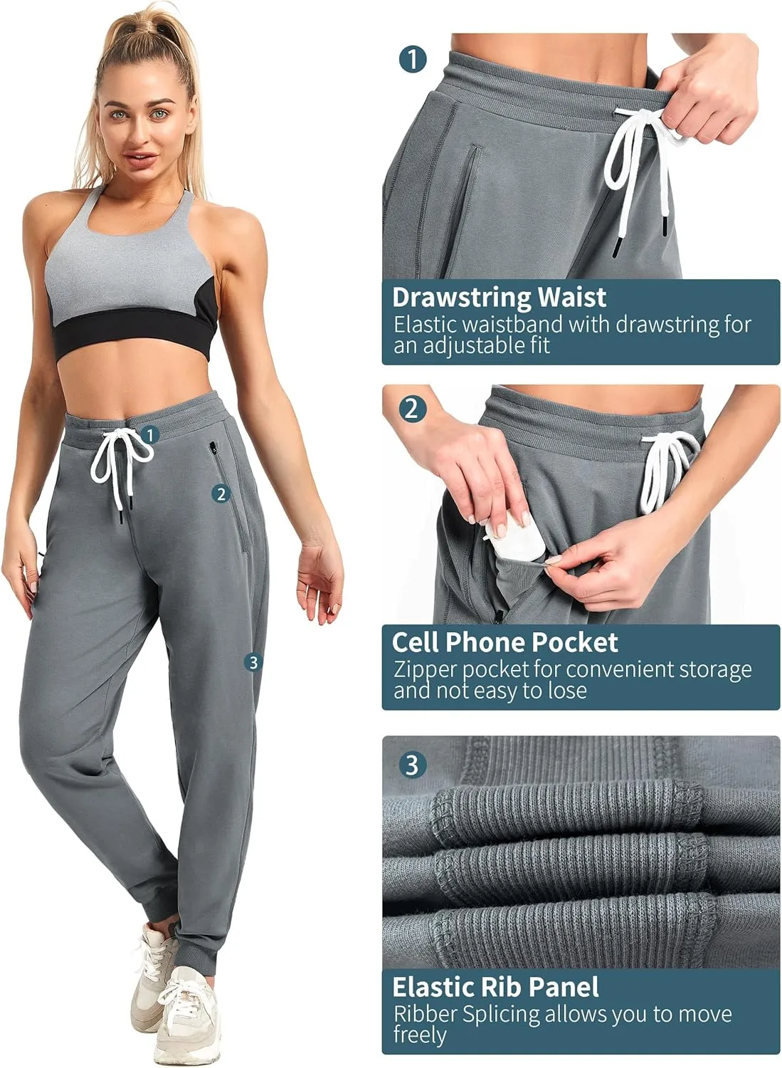 PULI Women Workout Sweatpants Cotton Jogger Ribber Splicing Lounge Sweat Pants with Zipper Pocket