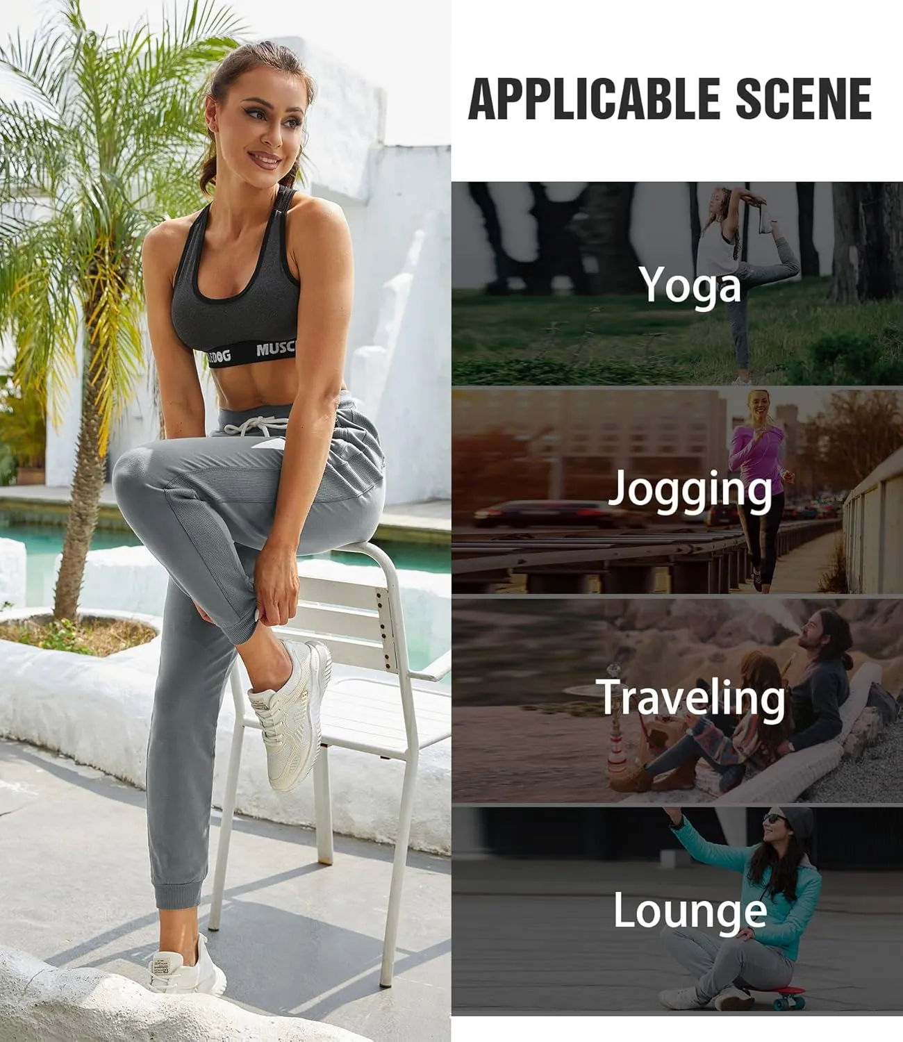 PULI Women Workout Sweatpants Cotton Jogger Ribber Splicing Lounge Sweat Pants with Zipper Pocket