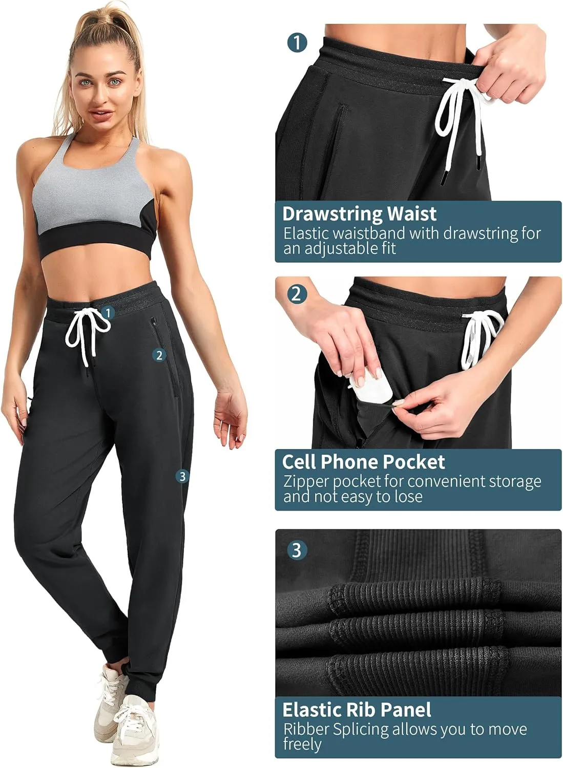 PULI Women Workout Sweatpants Cotton Jogger Ribber Splicing Lounge Sweat Pants with Zipper Pocket