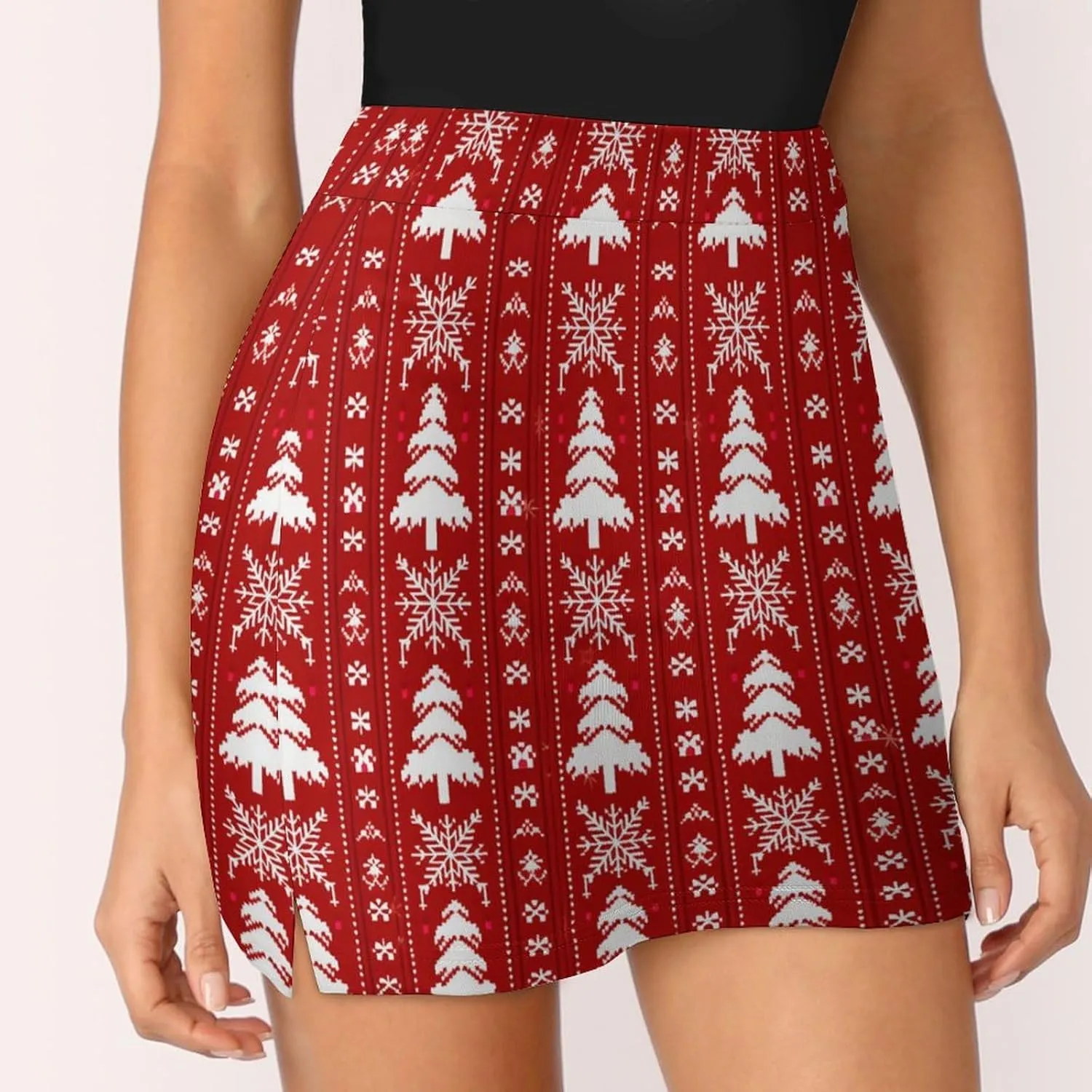 Red Christmas Pattern Women's Athletic Skirts Light Proof A-line Trouser Skirt with Shorts Pockets