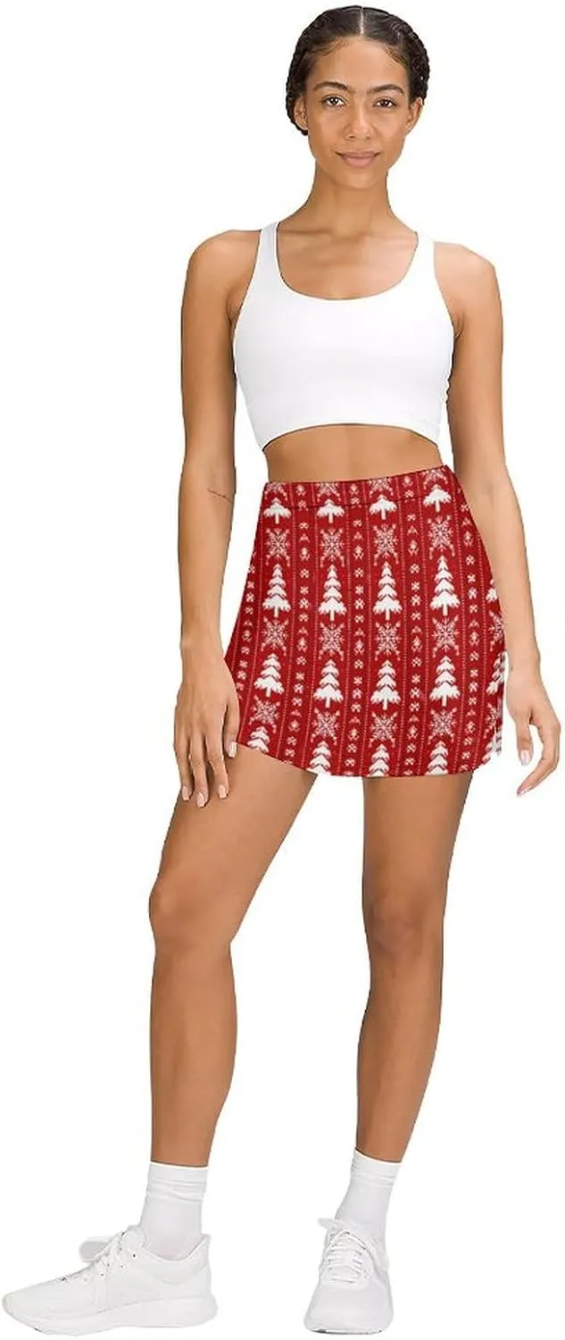 Red Christmas Pattern Women's Athletic Skirts Light Proof A-line Trouser Skirt with Shorts Pockets