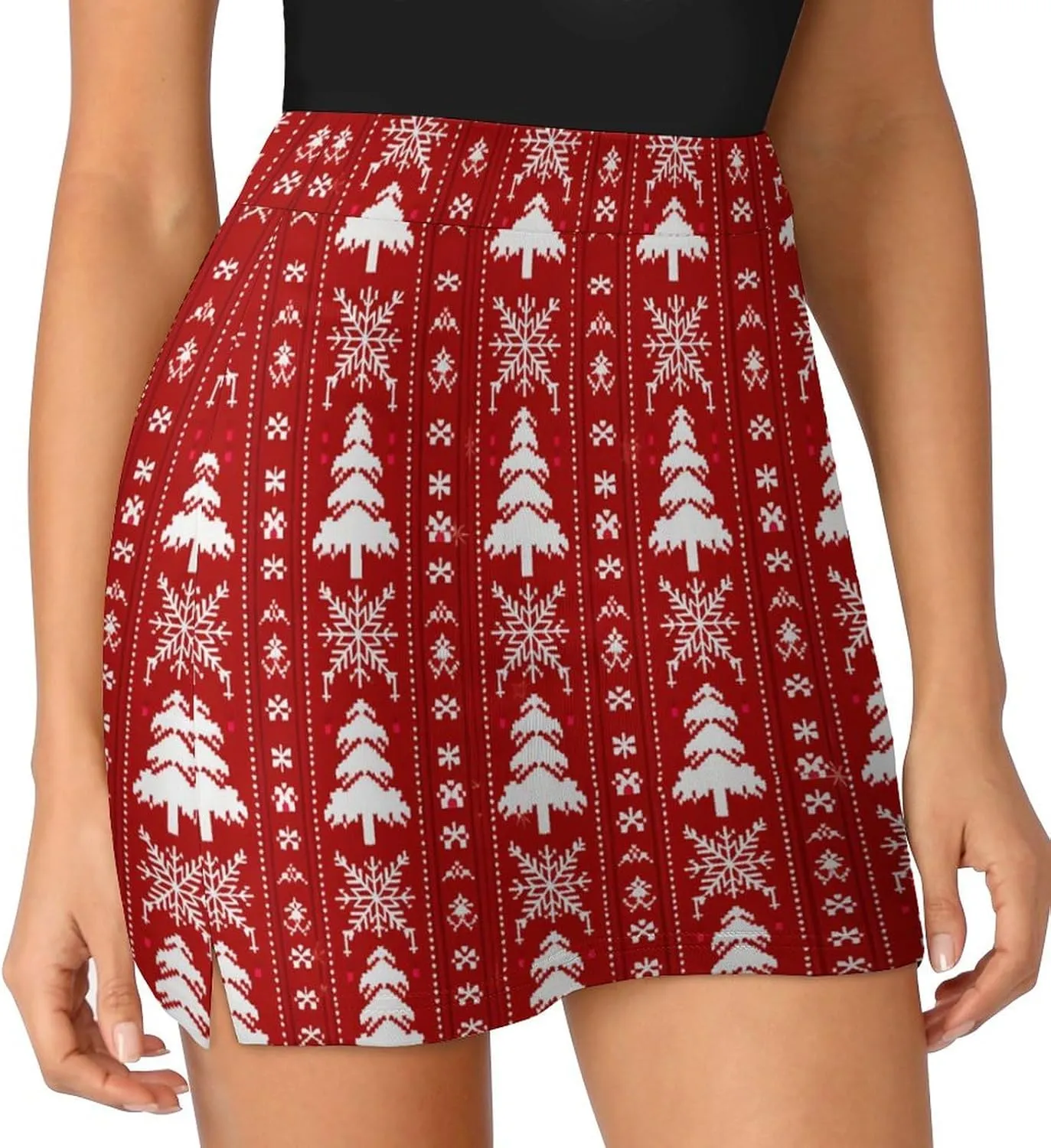Red Christmas Pattern Women's Athletic Skirts Light Proof A-line Trouser Skirt with Shorts Pockets