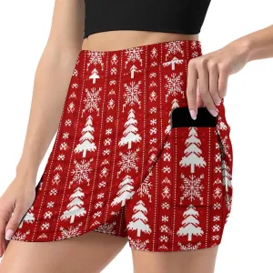 Red Christmas Pattern Women's Athletic Skirts Light Proof A-line Trouser Skirt with Shorts Pockets