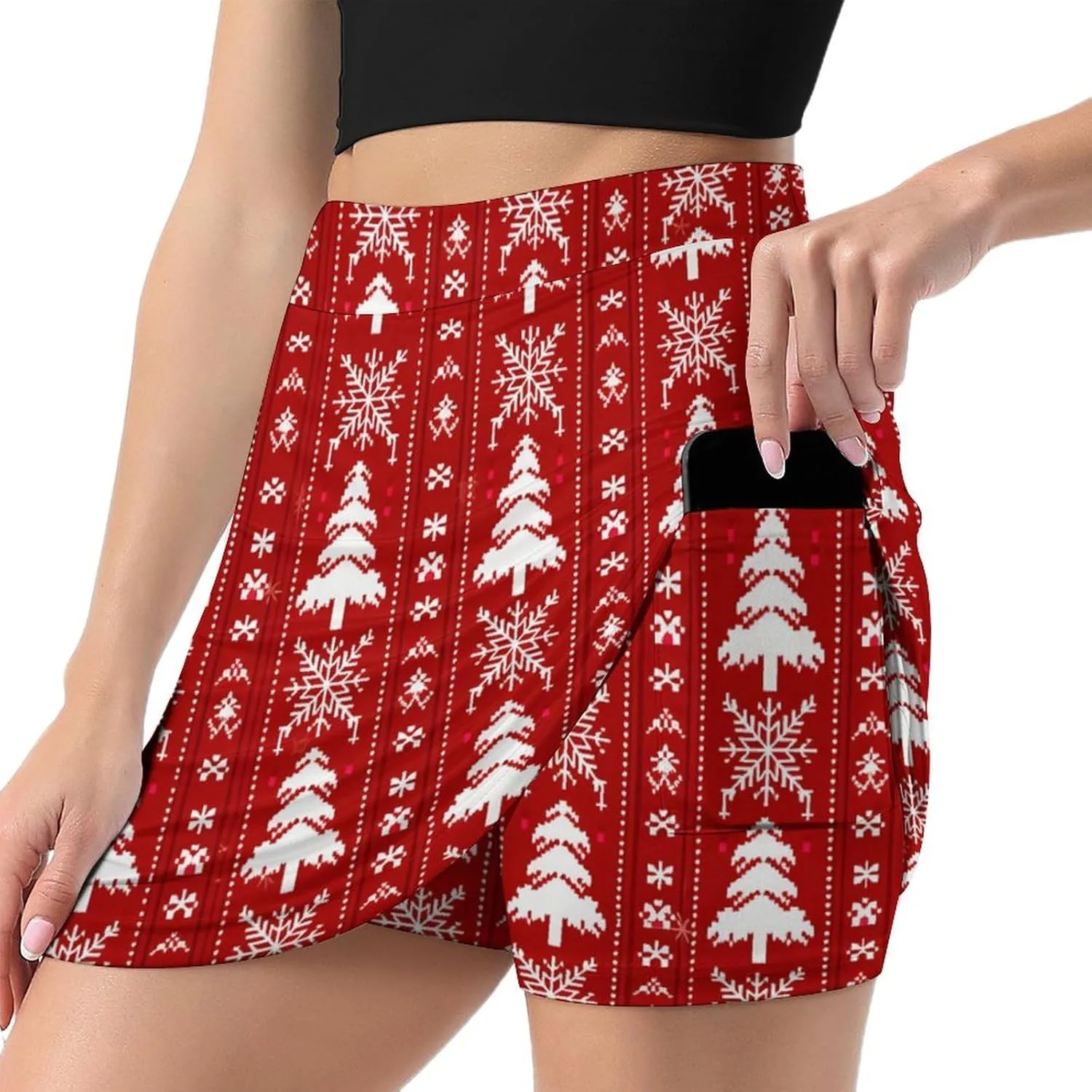 Red Christmas Pattern Women's Athletic Skirts Light Proof A-line Trouser Skirt with Shorts Pockets